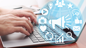 Image of marketing automation platforms, a person using a laptop to research lead scoring and nurturing techniques
